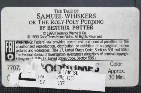 1993 Beatrix Potter VHS The Tale of Samuel Whiskers / The Poly-Poly Pudding