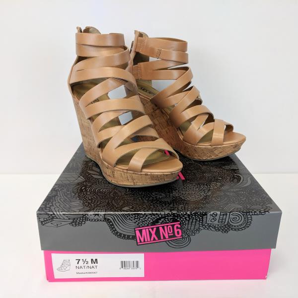 Mix No 6 Strappy Sandals Wedges Meeka Natural Size 7 1/2M