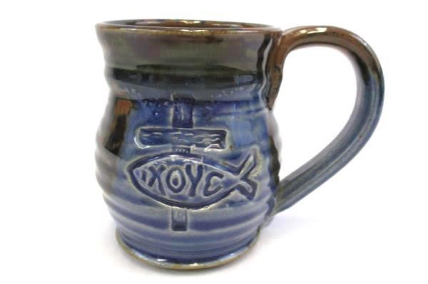 Randy Holbrook Pottery Wheel Thrown Coffee Mug Blue Brown Christian Fish Symbol