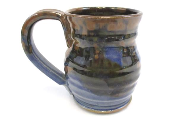 Randy Holbrook Pottery Wheel Thrown Coffee Mug Blue Brown Christian Fish Symbol