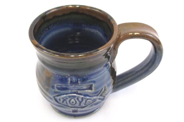 Randy Holbrook Pottery Wheel Thrown Coffee Mug Blue Brown Christian Fish Symbol
