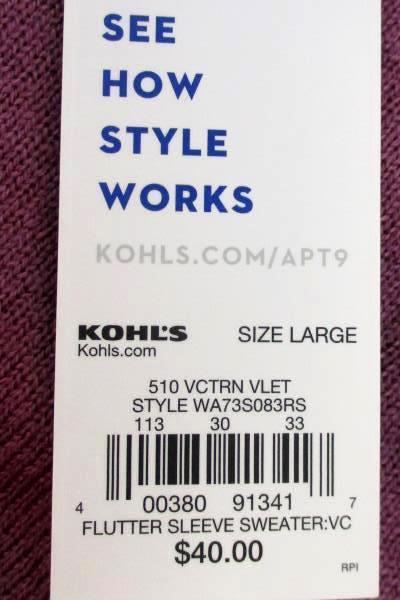 Apt. 9 Purple Flutter Sleeve Sweater Women's Size Large Victorian Velvet NWT