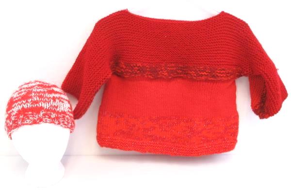 Girl's Handmade Knit Crop Sweater 3/4 Sleeves With Matching Hat Red M