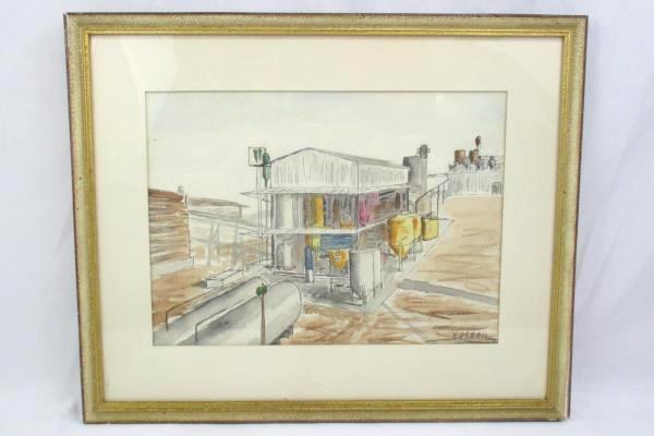 Grain Processing Plant Watercolor Drawing Signed Ed Cecil