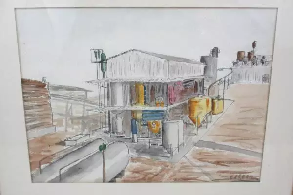 Grain Processing Plant Watercolor Drawing Signed Ed Cecil Framed Artwork