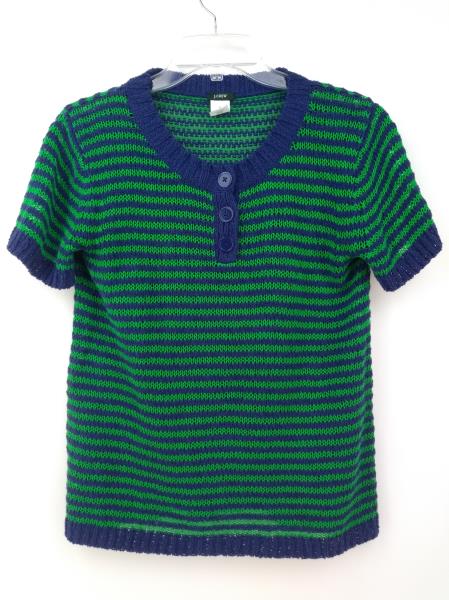 J CREW Blue Linen Blend Stripe Twisted Stitch Henley Short Sleeve Sweater SMALL