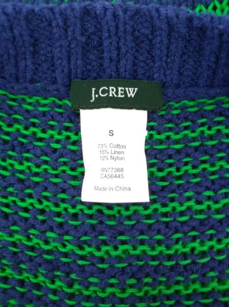 J CREW Blue Linen Blend Stripe Twisted Stitch Henley Short Sleeve Sweater SMALL