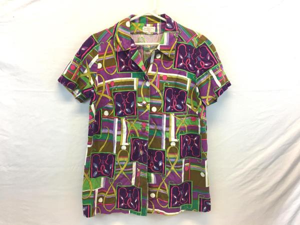 Judy Women's Bright Multi Colored Button Up Short Sleeve Shirt Size L