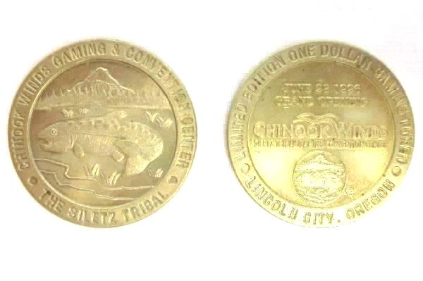 Lot of 2 Chinook Winds Casino $1 Grand Opening 1996 Commemorative Gaming Tokens