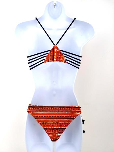 KHONGBOON Ostana Bikini Set Top + Bottom Orange Navy Geometric Print XS NWOT