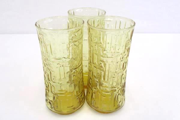 Set of 3 Amber Glass Tumblers Textured Design Iridescent 6.5In Tall