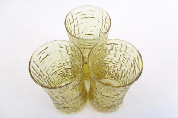 Set of 3 Amber Glass Tumblers Textured Design Iridescent 6.5In Tall