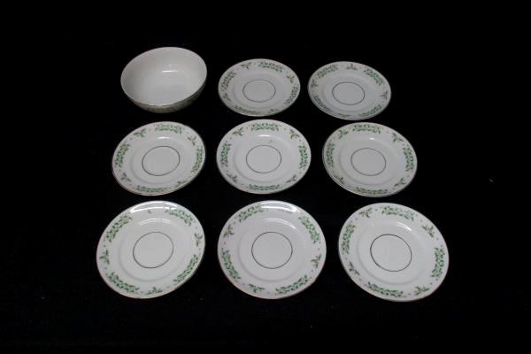8 Eggshell Gibson USA Holiday Charm Saucers And One Cereal Bowl With Black Print