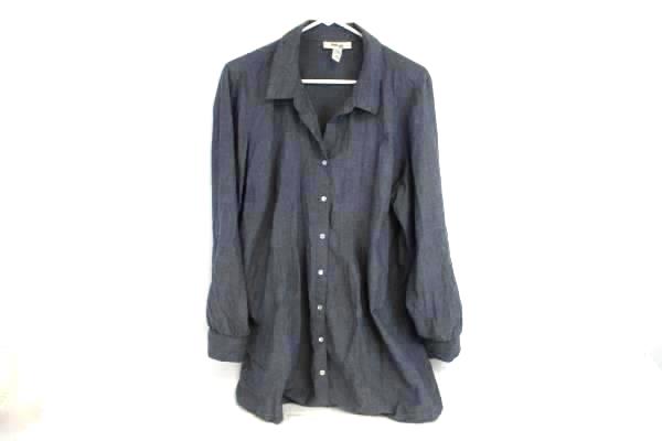 Style & Co Women's Shirt 16W Cotton Blue Pearl Snap Button Up Ruched Roll Tab