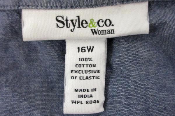 Style & Co Women's Shirt 16W Cotton Blue Pearl Snap Button Up Ruched Roll Tab