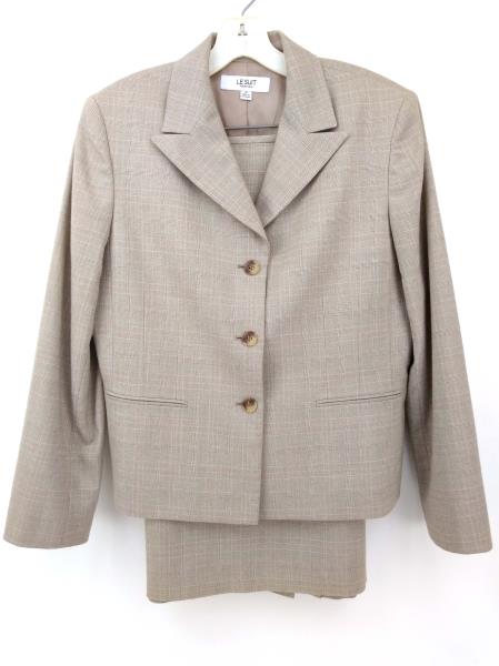 LE SUIT ESSENTIALS Tan Plaid 2pc Set Career Skirt + Blazer Suit Women's Sz 10