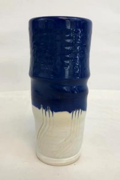 Handmade Clay Pottery Vase White Bottom & Blue Top Drip Design 8.5" Tall