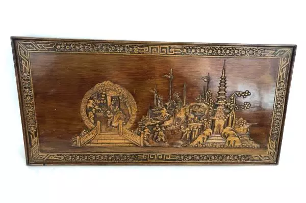 Vintage Detailed Wall Hanging Picture Wood Carved Monks Temple 39 By 19 Inches