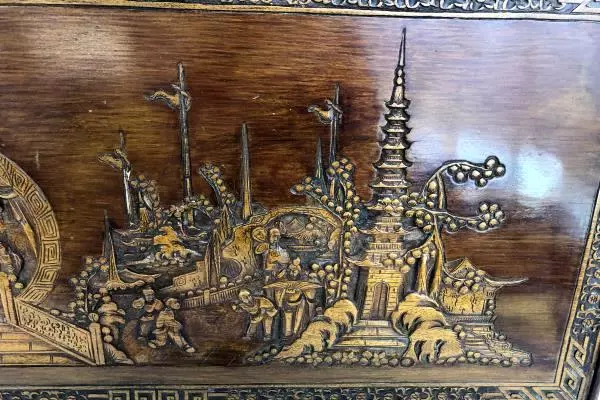Vintage Wall Hanging Picture Wood Carved Monks Temple 39.5" x 19"