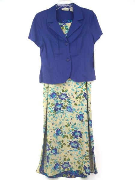 Vtg 90's STUDIO EASE Reversible Dress & Jacket Set Blue/Tan Floral 10 Petite NWT