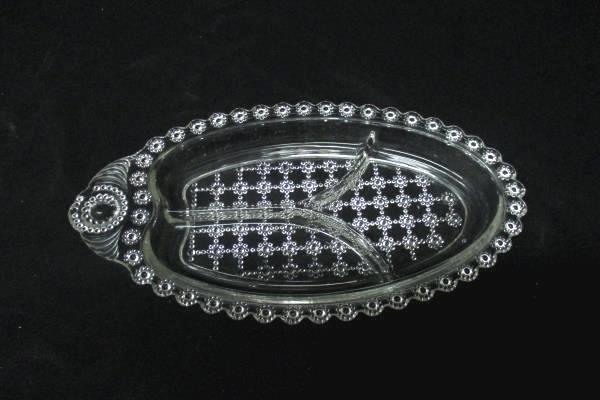 Vintage Glass Divided Relish Pickle Dish Flower And Beaded Square Pattern