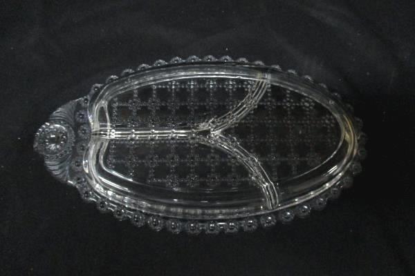 Vintage Glass Divided Relish Pickle Dish Flower And Beaded Square Pattern