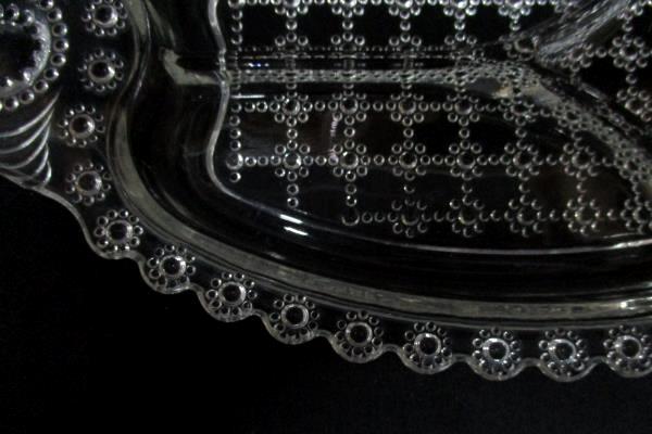 Vintage Glass Divided Relish Pickle Dish Flower And Beaded Square Pattern