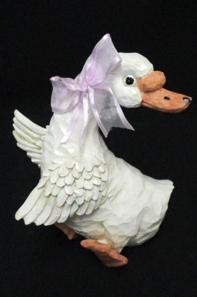 Carved Standing White Duck With Pink Sheer Bow Figurine