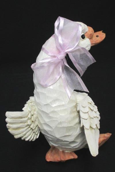 Carved Standing White Duck With Pink Sheer Bow Figurine