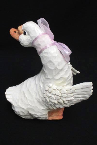 Carved Standing White Duck With Pink Sheer Bow Figurine