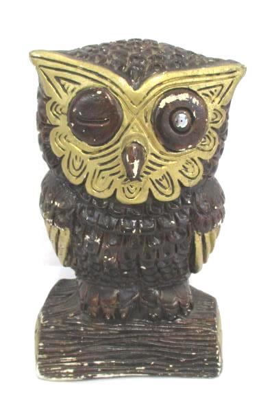Vintage Owl Figurine Plaster Hand Painted Brown Gold 8.5" Tall
