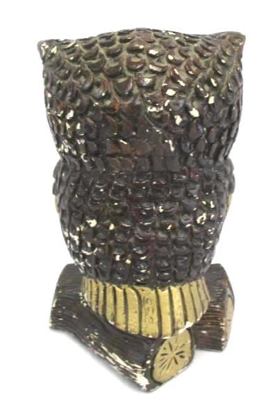 Vintage Owl Figurine Plaster Hand Painted Brown Gold 8.5" Tall