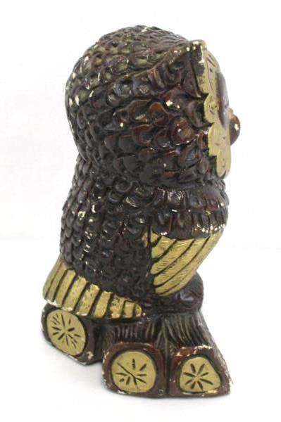 Vintage Owl Figurine Plaster Hand Painted Brown Gold 8.5" Tall