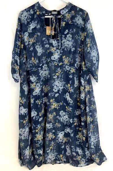 Michel Studio Collection Women's Blue & Yellow Floral Key Hole Tie V-Neck Sz 16