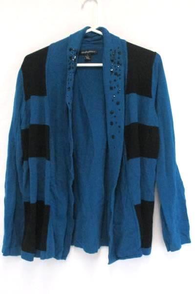 Designer Originals Cardigan Teal Black Striped Knit Sweater Rhinestones Womens L