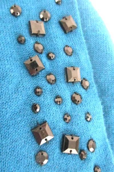 Designer Originals Cardigan Teal Black Striped Knit Sweater Rhinestones Womens L