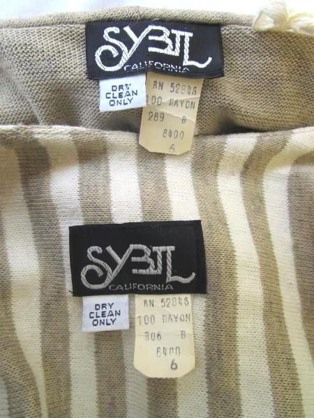 Vintage Sybil California Dress Cardigan Set Cowl Tan Ivory Striped Women's Sz 6