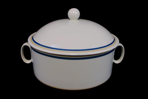 Villeroy & Boch China Carrousel Blue/Gold Bands Double Handle Serving Bowl & Lid