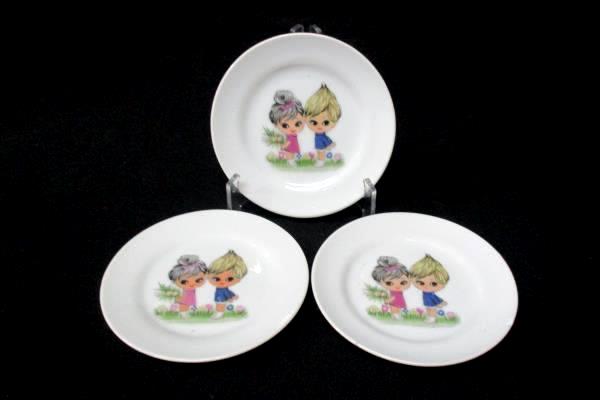 3 Plates 1970's Miniature Porcelain Saucer Set Girl Boy in Field