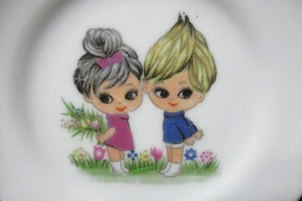 3 Plates 1970's Miniature Porcelain Saucer Set Girl Boy in Field