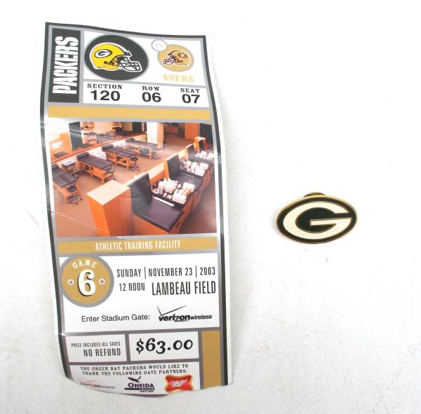 NFL Football Green Bay Packers Lapel Pin Peter David + 2003 Ticket Stub vs 49ers