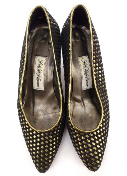 Vtg 80s / 90s Saks Fifth Ave Low Heels Black Suede / Gold Basket Weave Sz 7.5 B