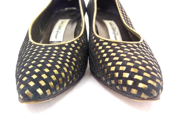 Vtg 80s / 90s Saks Fifth Ave Low Heels Black Suede / Gold Basket Weave Sz 7.5 B