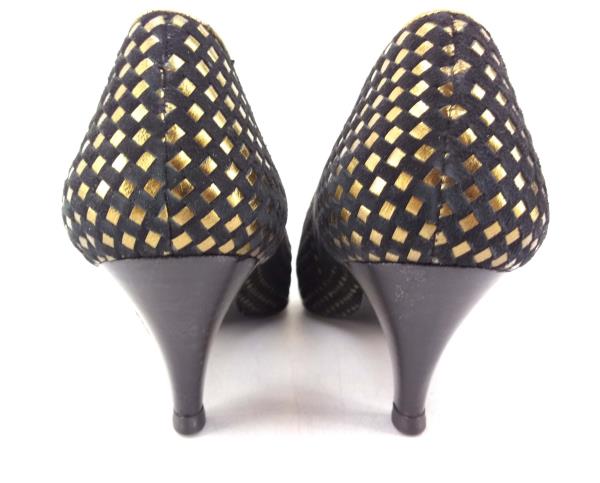 Vtg 80s / 90s Saks Fifth Ave Low Heels Black Suede / Gold Basket Weave Sz 7.5 B