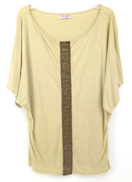 MICHAEL STARS Dolman Tee Beige Mesh & Sequin Panel Short Sleeve Top O/S