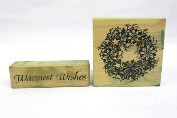 Lot of 2 Holiday Wood & Rubber Stamps: Christmas Wreath + "Warmest Wishes"