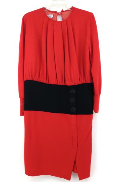 Vtg 80s CHETTA B. Dress Red Black Wool Pleated Blouson Faux Wrap Skirt Sz 8