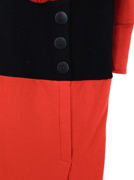Vtg 80s CHETTA B. Dress Red Black Wool Pleated Blouson Faux Wrap Skirt Sz 8