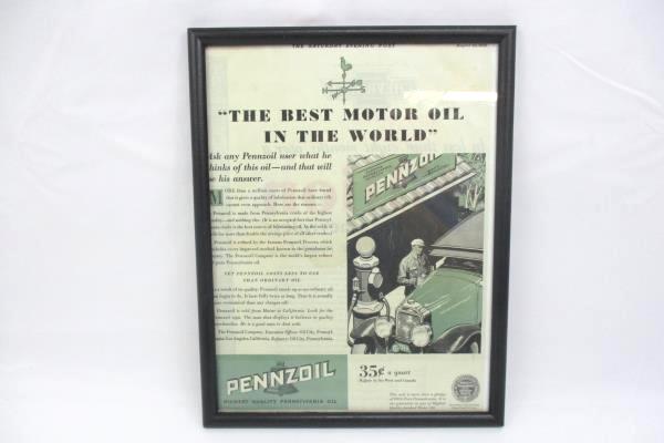 Vintage Framed PENNZOIL MOTOR OIL Saturday Evening Post Ad August 24, 1929