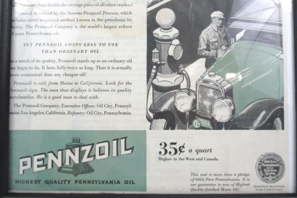 Vintage Framed PENNZOIL MOTOR OIL Saturday Evening Post Ad August 24, 1929